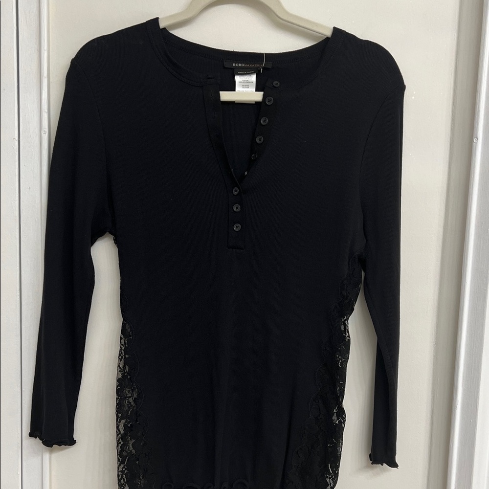 BCBGMaxAzria Black Lace Accent Long Sleeve Top